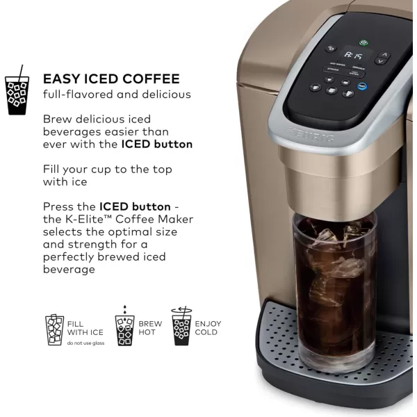 imageKeurig KElite Single Serve KCup Pod Coffee Maker with Strength and Temperature Control Iced Coffee Capability 8 to 12oz Brew Size Programmable Brushed SilverBrushed Gold