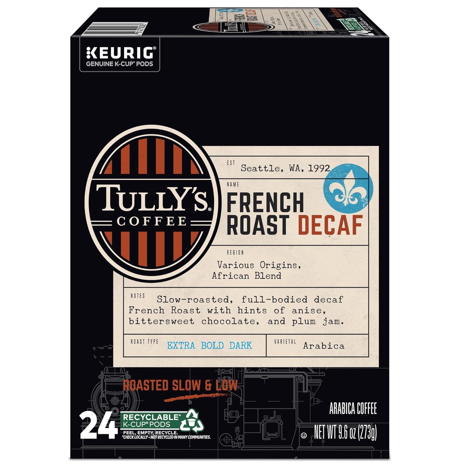 imageTullys Coffee French Roast Decaf Keurig SingleServe KCup Pods Dark Roast 96 CountDecaf French Roast