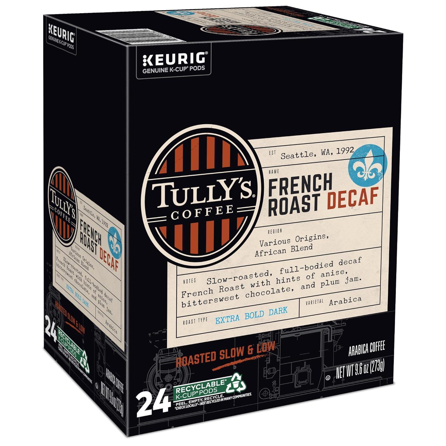 imageTullys Coffee French Roast Decaf Keurig SingleServe KCup Pods Dark Roast 96 CountDecaf French Roast