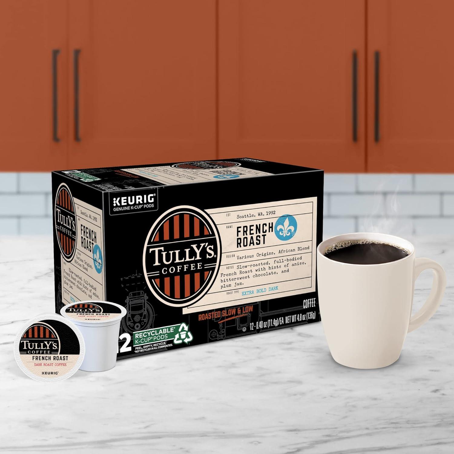 imageTullys Coffee French Roast Decaf Keurig SingleServe KCup Pods Dark Roast 96 CountFrench Roast