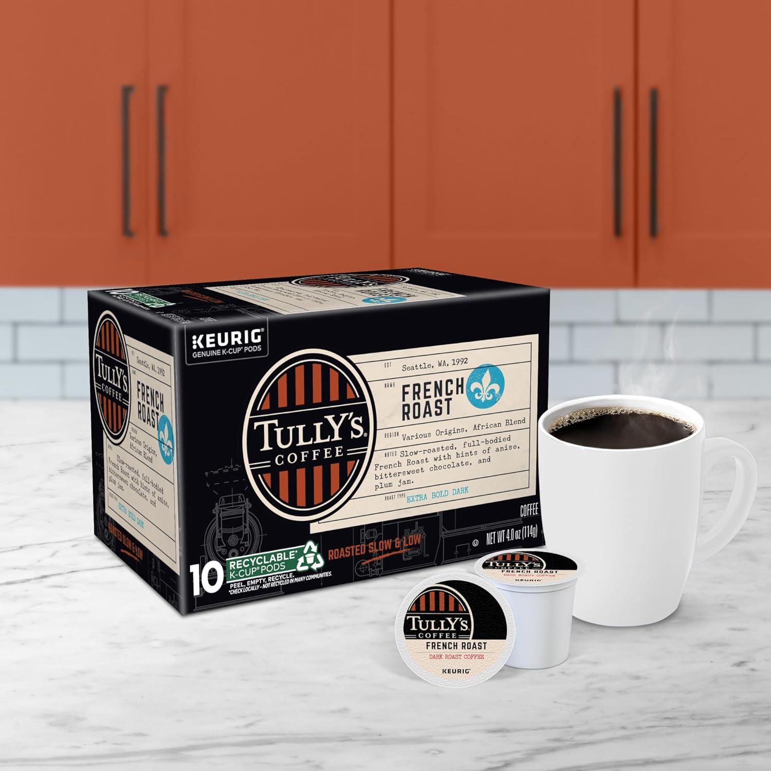 imageTullys Coffee French Roast Decaf Keurig SingleServe KCup Pods Dark Roast 96 CountFrench Roast