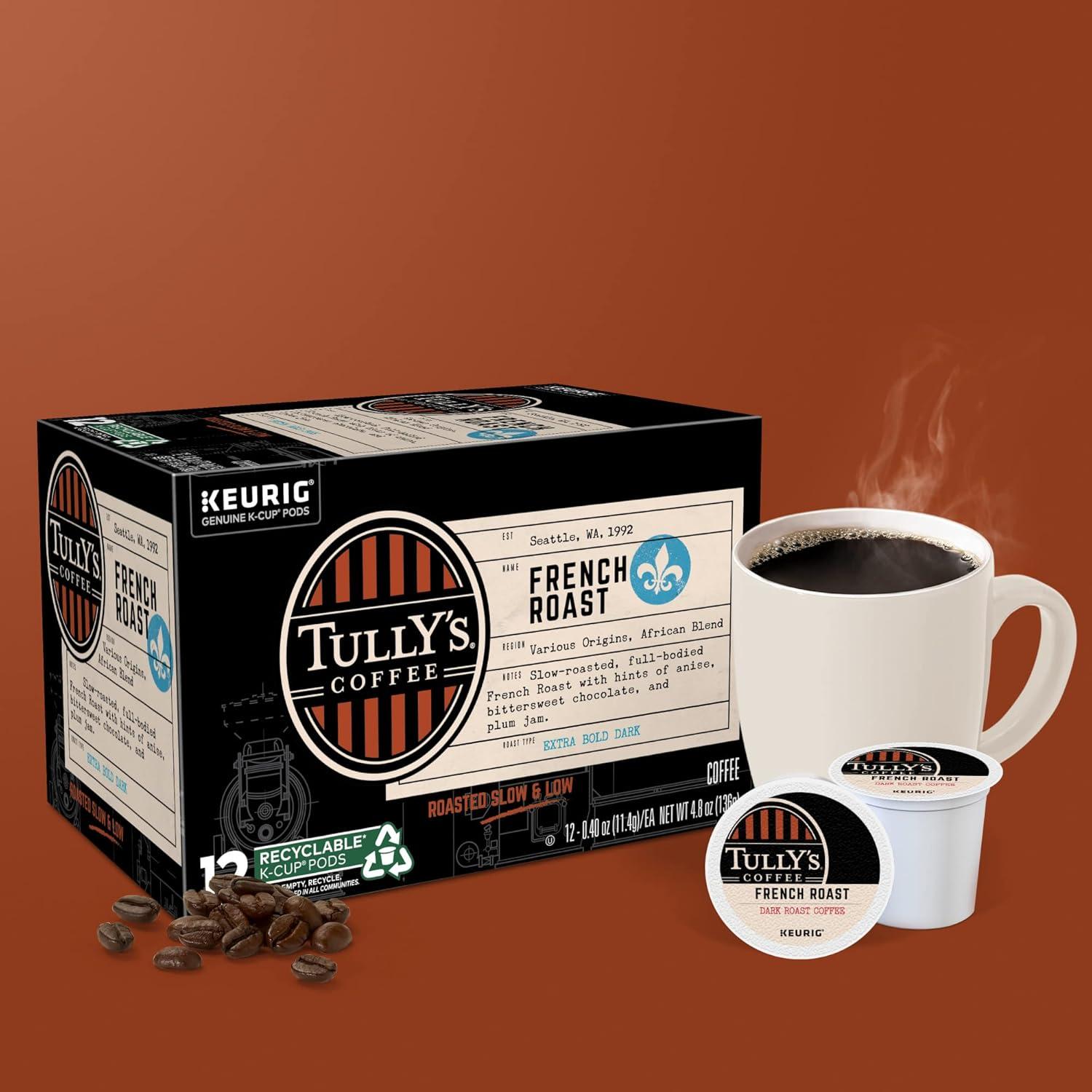 imageTullys Coffee French Roast Decaf Keurig SingleServe KCup Pods Dark Roast 96 CountFrench Roast