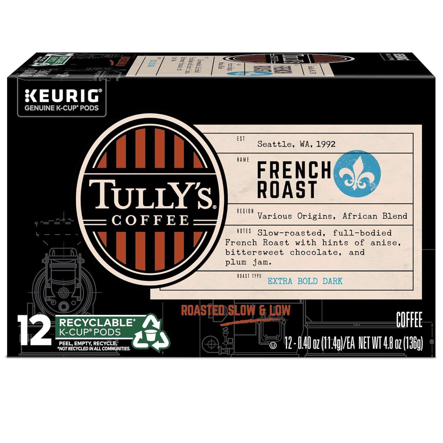 imageTullys Coffee French Roast Decaf Keurig SingleServe KCup Pods Dark Roast 96 CountFrench Roast