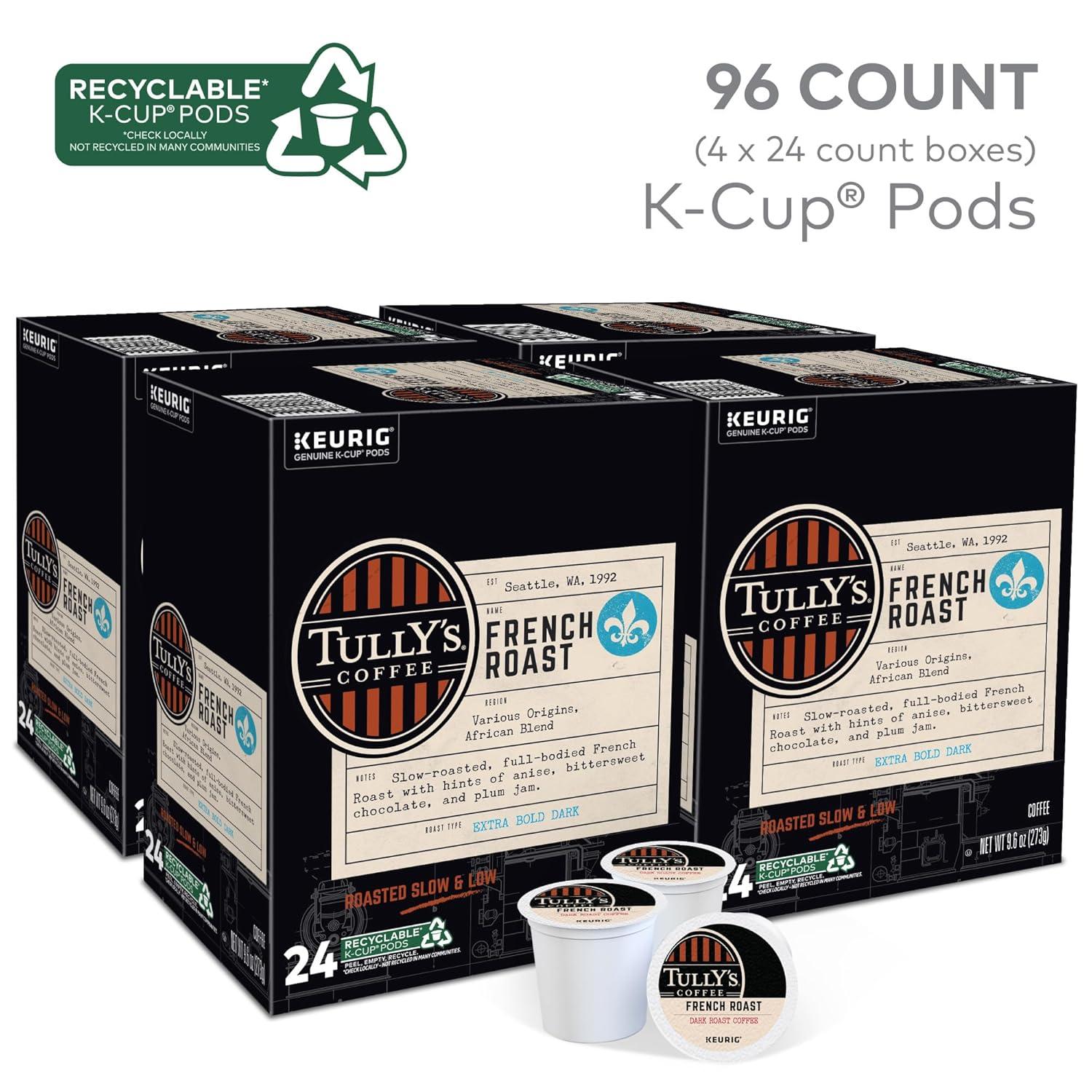 imageTullys Coffee French Roast Decaf Keurig SingleServe KCup Pods Dark Roast 96 CountFrench Roast