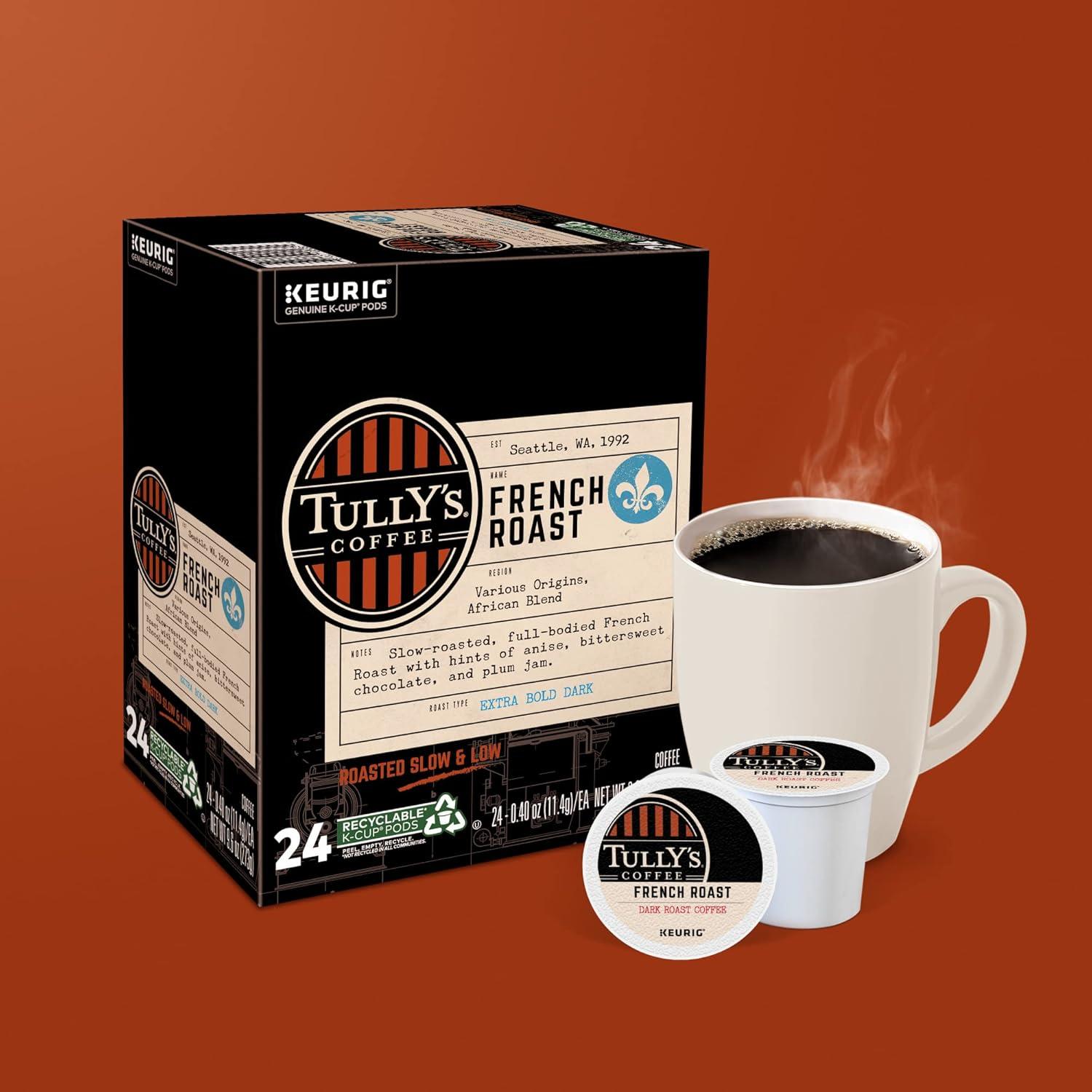 imageTullys Coffee French Roast Decaf Keurig SingleServe KCup Pods Dark Roast 96 CountFrench Roast