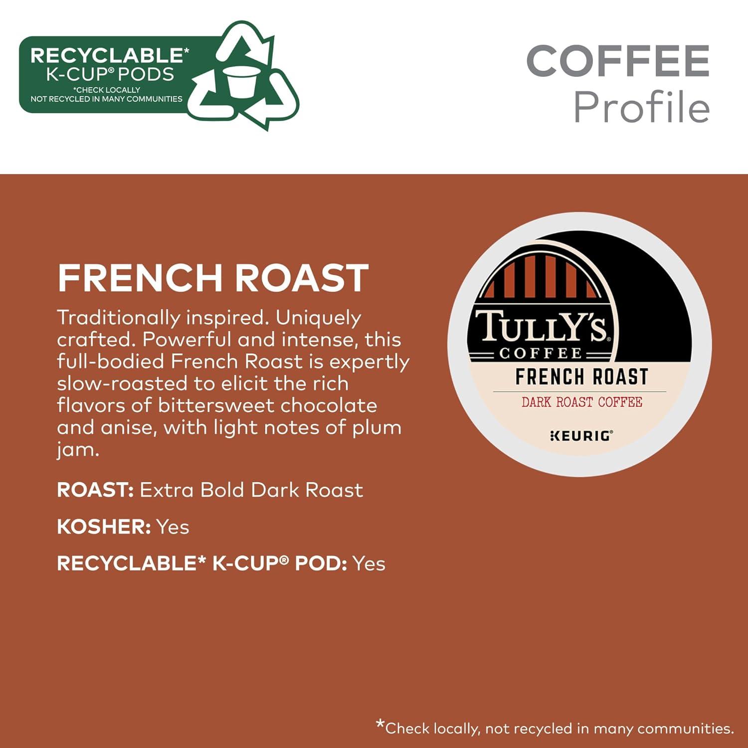 imageTullys Coffee French Roast Decaf Keurig SingleServe KCup Pods Dark Roast 96 CountFrench Roast