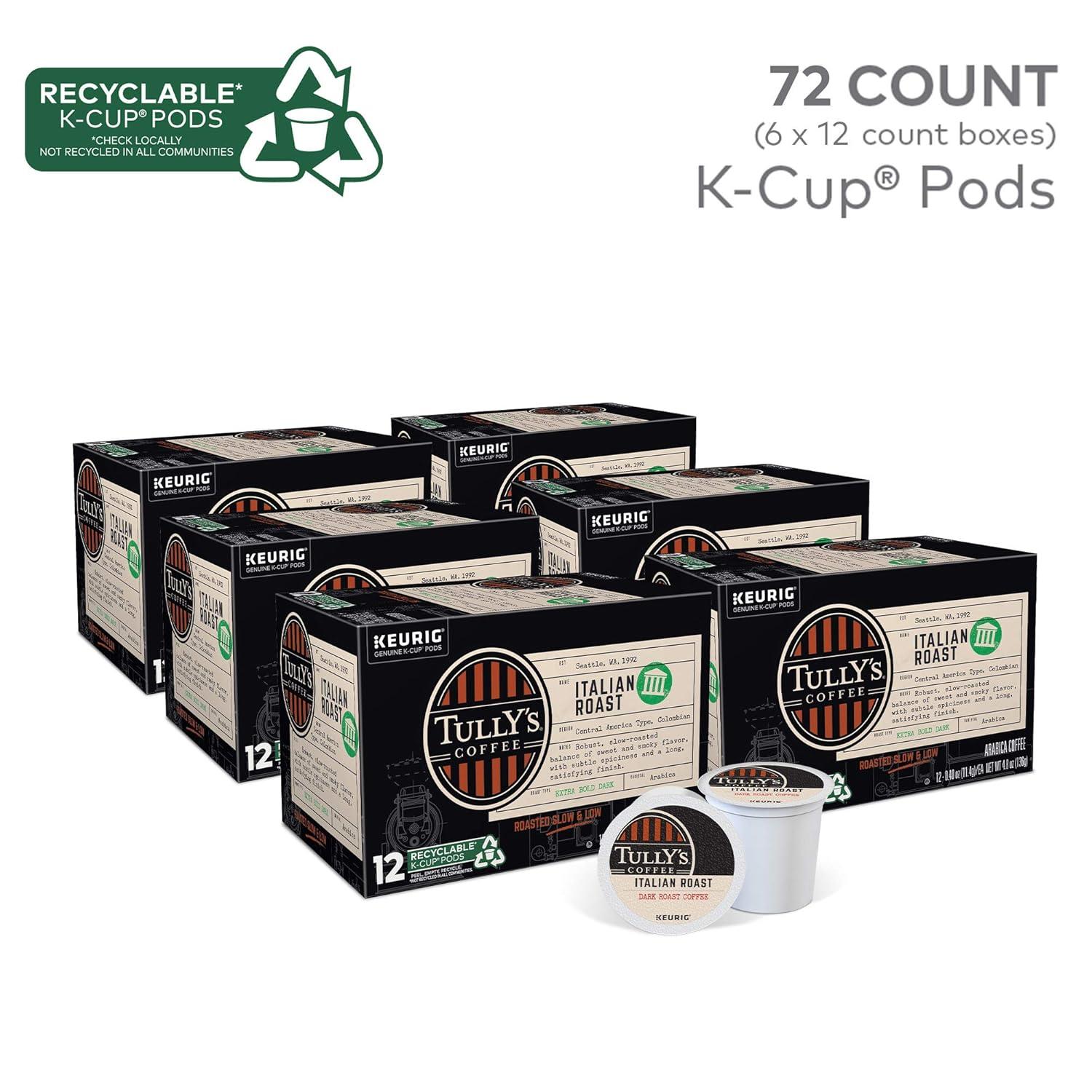 imageTullys Coffee French Roast Decaf Keurig SingleServe KCup Pods Dark Roast 96 CountItalian Roast