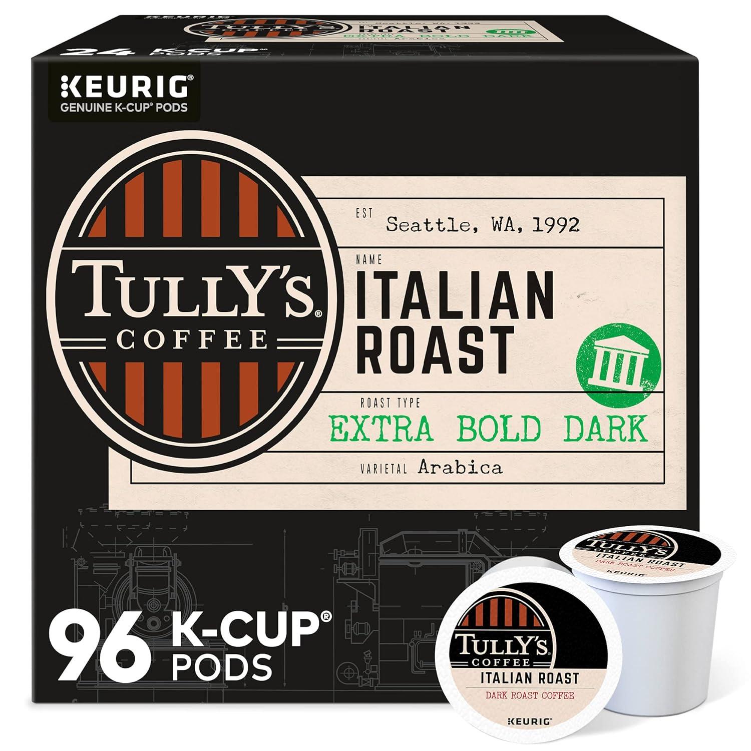 imageTullys Coffee French Roast Decaf Keurig SingleServe KCup Pods Dark Roast 96 CountItalian Roast
