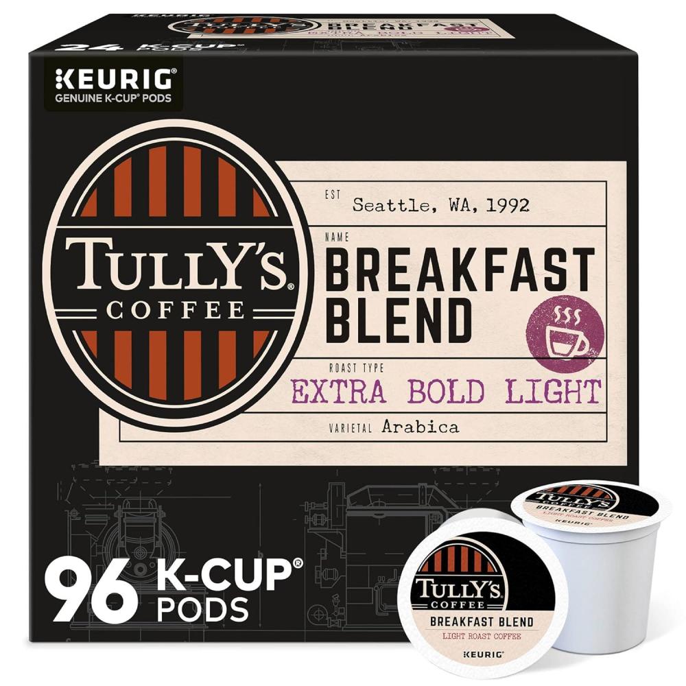 imageTullys Coffee French Roast Decaf Keurig SingleServe KCup Pods Dark Roast 96 CountBreakfast Blend