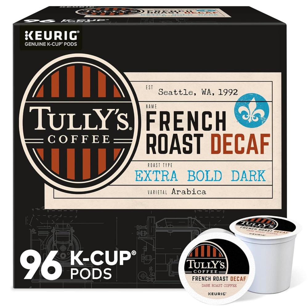 imageTullys Coffee French Roast Decaf Keurig SingleServe KCup Pods Dark Roast 96 CountDecaf French Roast