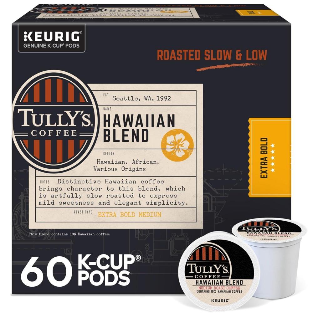 imageTullys Coffee French Roast Decaf Keurig SingleServe KCup Pods Dark Roast 96 CountHawaiian Blend
