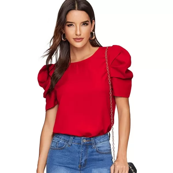 Floerns Women's Round Neck Short Puff Sleeve Keyhole Back Blouse Tops(Bright Red)