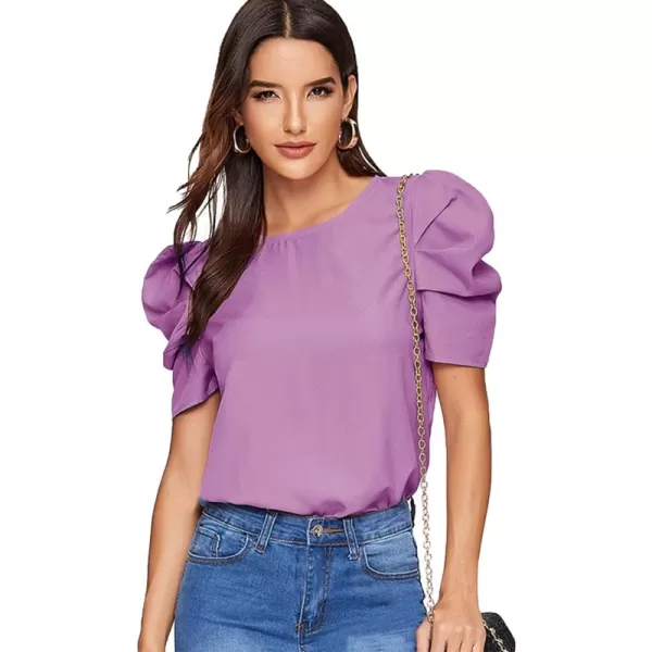 Floerns Women's Round Neck Short Puff Sleeve Keyhole Back Blouse Tops(Lilac Purple)