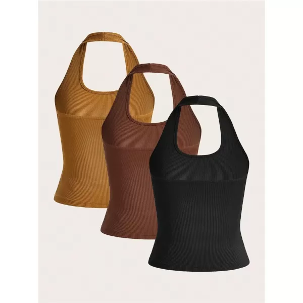 Floerns Women's 3 Pcs Casual Solid Knitted Backless Halter Sleeveless Tank Top