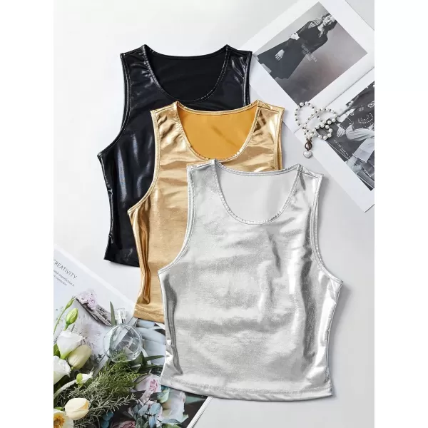 Floerns Women's 3 Pcs Faux PU Leather Solid Stretchy Crewneck Sleeveless Tank Top