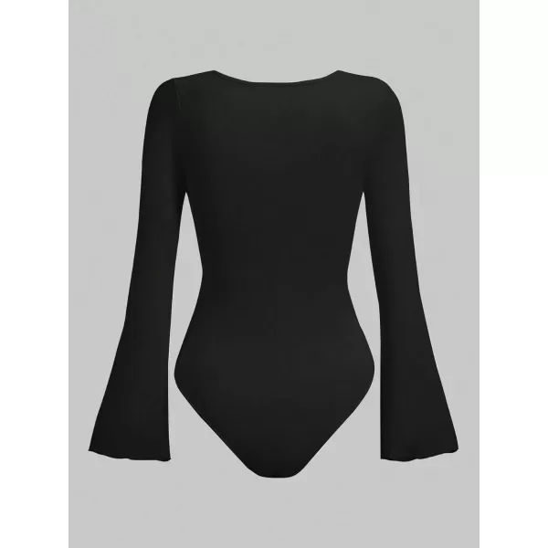Floerns Women's Causel Solid Color Ruffle Hem Long Flare Sleeve Scoop Neck Daily Stretchy Slim Fit Tops Bodysuit