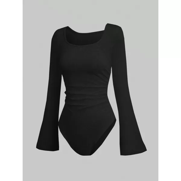 Floerns Women's Causel Solid Color Ruffle Hem Long Flare Sleeve Scoop Neck Daily Stretchy Slim Fit Tops Bodysuit