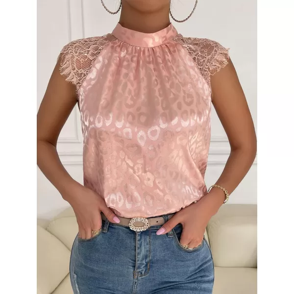 Floerns Women's Lace Splice Collar Cap Sleeve Office Blouse Tops