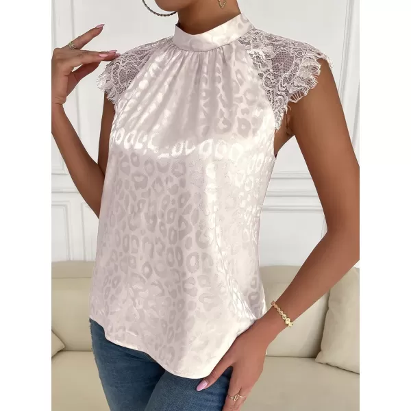 Floerns Women's Lace Splice Collar Cap Sleeve Office Blouse Tops