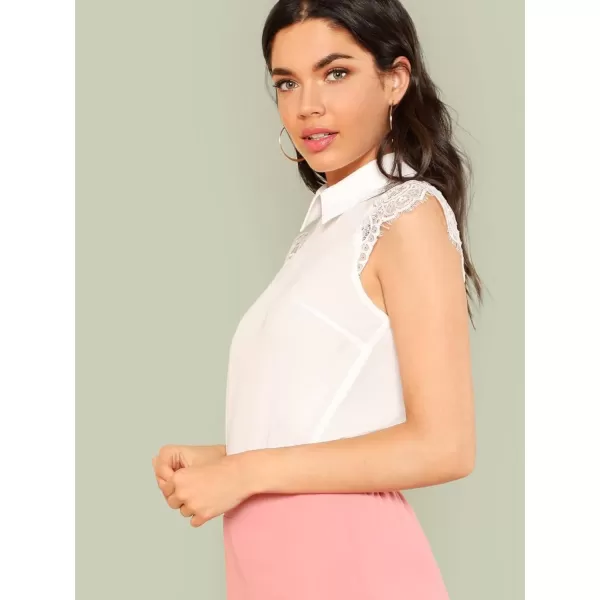 Floerns Women's Lace Splice Collar Cap Sleeve Office Blouse Tops