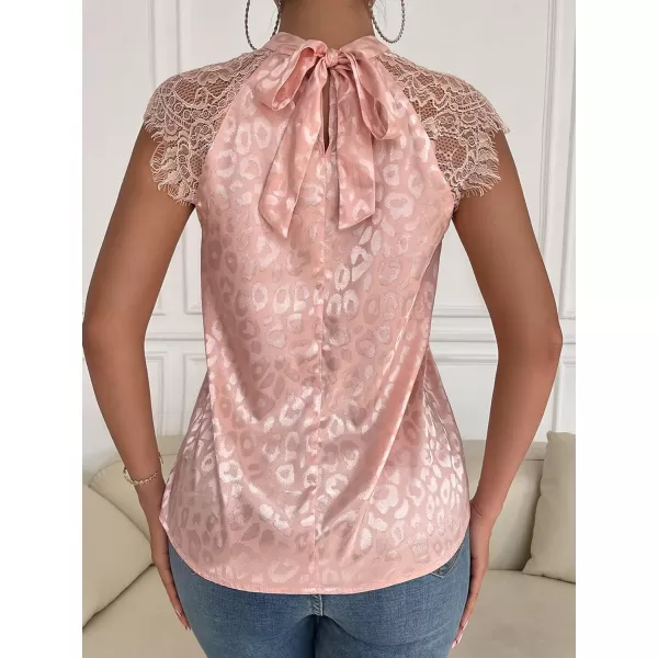 Floerns Women's Lace Splice Collar Cap Sleeve Office Blouse Tops