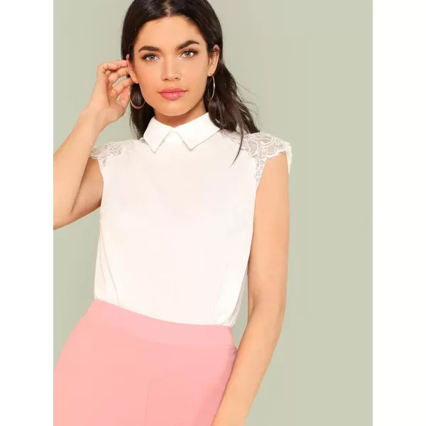 Floerns Women's Lace Splice Collar Cap Sleeve Office Blouse Tops