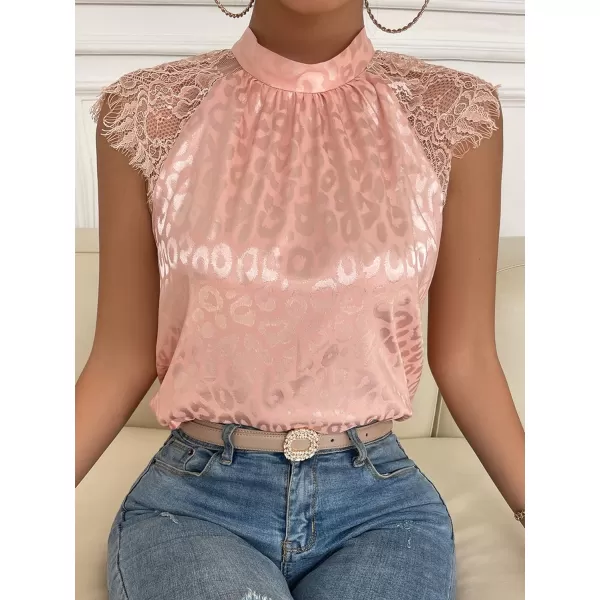 Floerns Women's Lace Splice Collar Cap Sleeve Office Blouse Tops