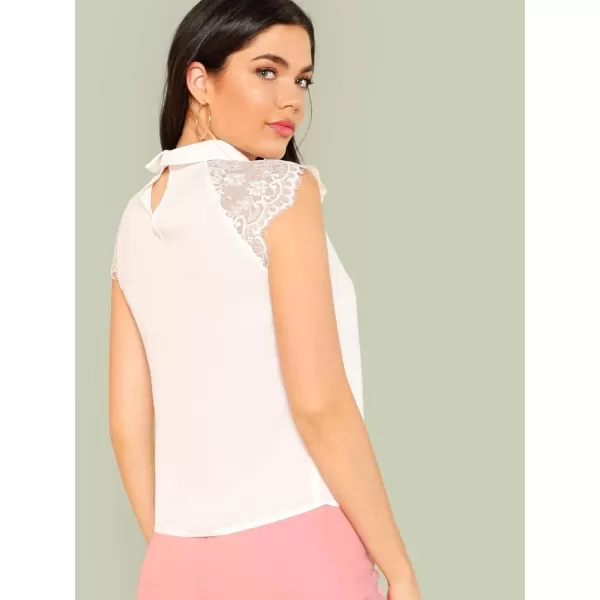 Floerns Women's Lace Splice Collar Cap Sleeve Office Blouse Tops
