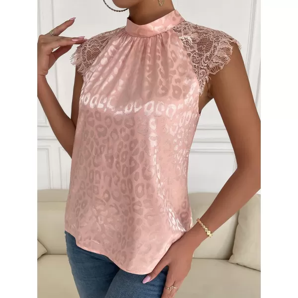 Floerns Women's Lace Splice Collar Cap Sleeve Office Blouse Tops