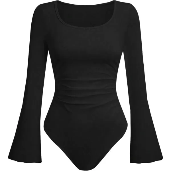 Floerns Women's Causel Solid Color Ruffle Hem Long Flare Sleeve Scoop Neck Daily Stretchy Slim Fit Tops Bodysuit