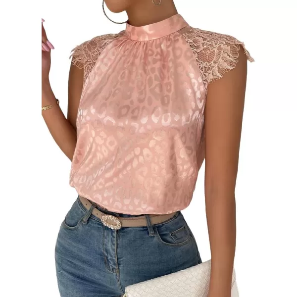 Floerns Women's Lace Splice Collar Cap Sleeve Office Blouse Tops