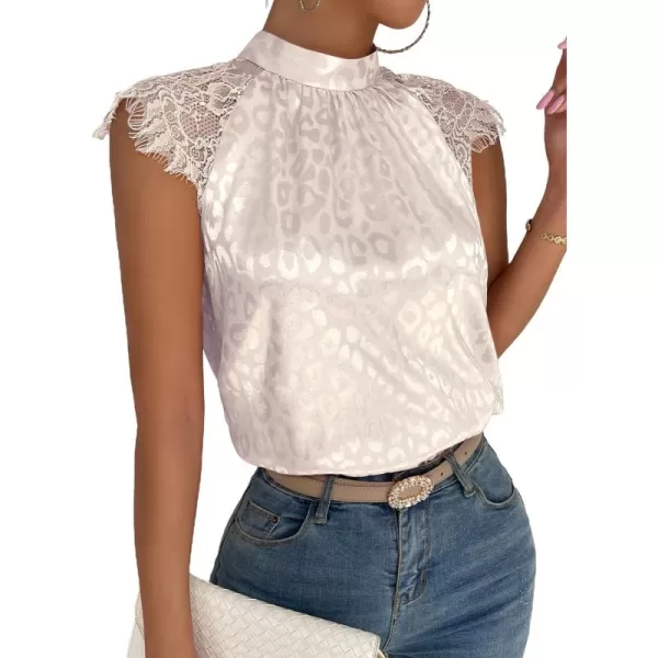 Floerns Women's Lace Splice Collar Cap Sleeve Office Blouse Tops