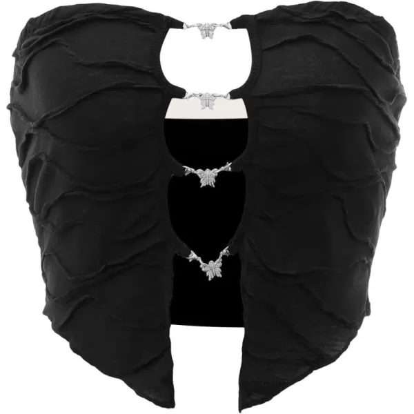 Floerns Women's Strapless Textured Cut Out Butterfly Asymmetrical Hem Tube Sleeveless Crop Top