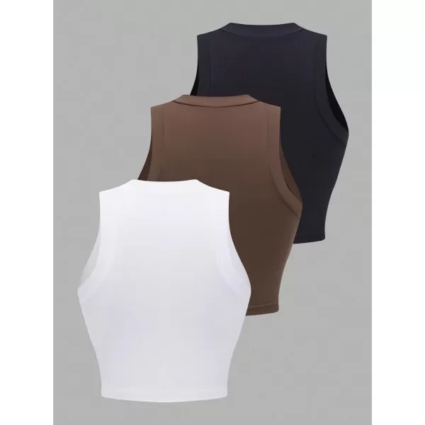 Floerns Women's 3 Pcs Sleeveless Tank Rib Knit Crewneck Casual Crop Tank Top
