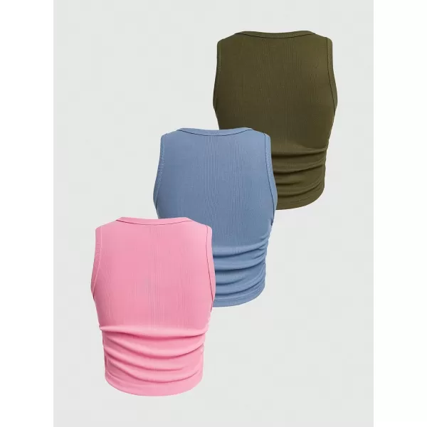 Floerns Women's 3 Pcs Solid Ribbed Knit Ruched Front Crewneck Sleeveless Tank Top