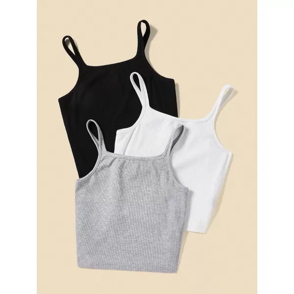 Floerns Women's 3 Pcs Solid Spaghetti Strap Ribbed Knit Fitted Basic Camisole Top