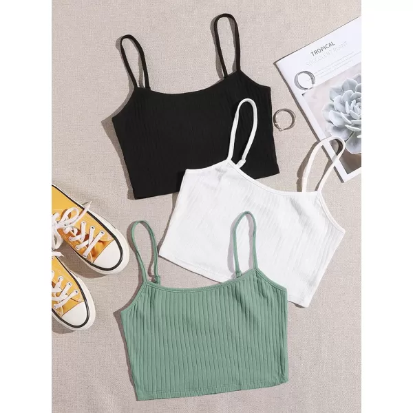 Floerns Women's 3 Pieces Basic Sleeveless Rib Knit Spaghetti Strap Crop Cami Top