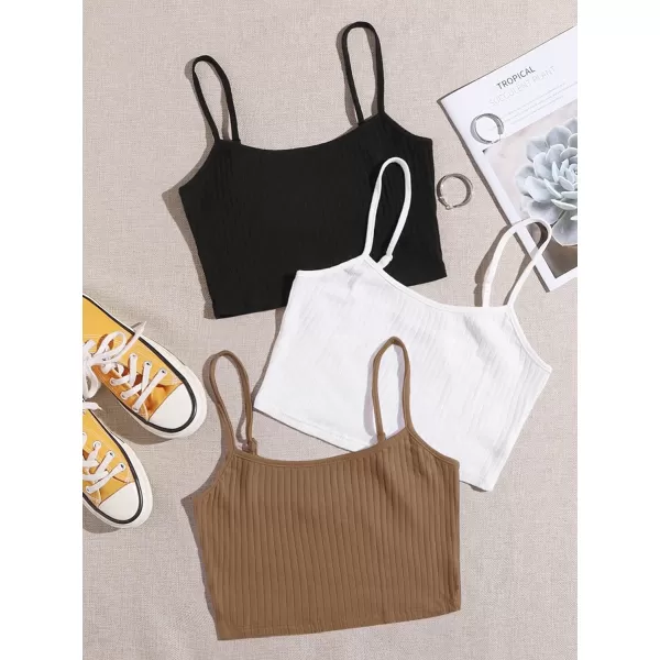 Floerns Women's 3 Pieces Basic Sleeveless Rib Knit Spaghetti Strap Crop Cami Top