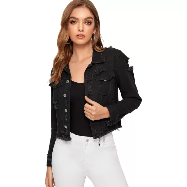 Floerns Women's Casual Drop Shoulder Ripped Crop Denim Jean Jacket