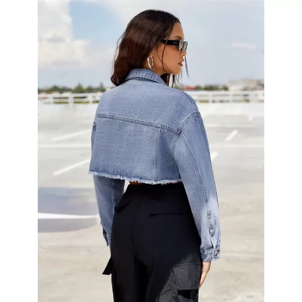 Floerns Women's Casual Drop Shoulder Ripped Crop Denim Jean Jacket