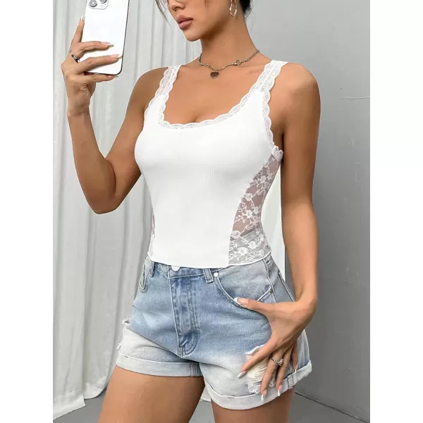 Floerns Women's Contrast Lace Sleeveless Scalloped Hem V Neck Sheer Tank Top