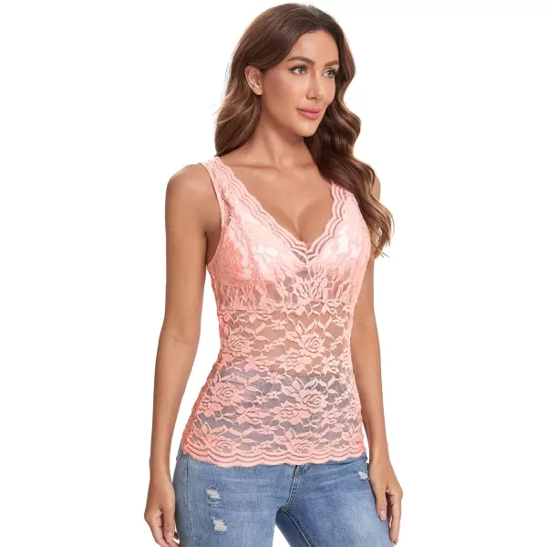 Floerns Women's Contrast Lace Sleeveless Scalloped Hem V Neck Sheer Tank Top