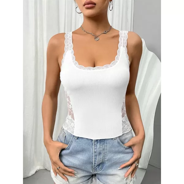 Floerns Women's Contrast Lace Sleeveless Scalloped Hem V Neck Sheer Tank Top