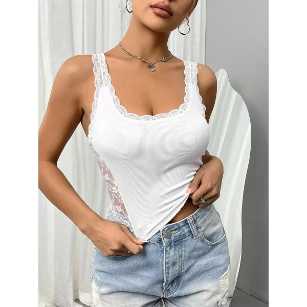 Floerns Women's Contrast Lace Sleeveless Scalloped Hem V Neck Sheer Tank Top
