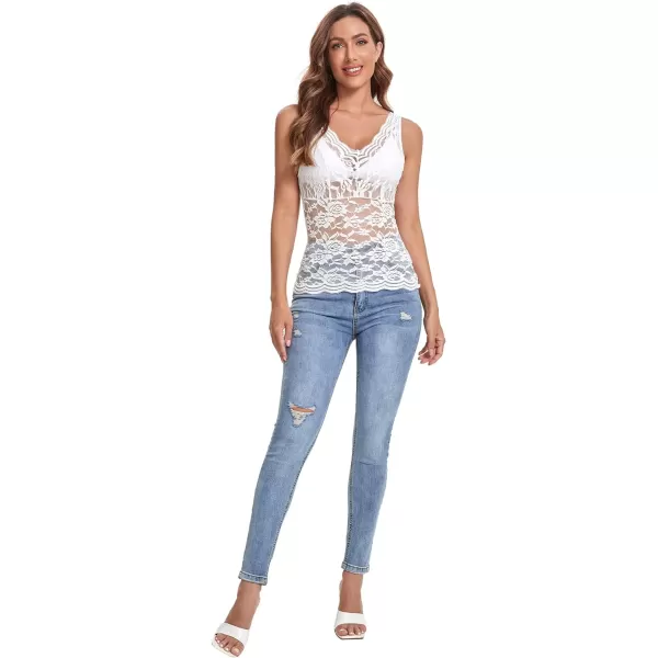 Floerns Women's Contrast Lace Sleeveless Scalloped Hem V Neck Sheer Tank Top