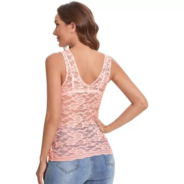 Floerns Women's Contrast Lace Sleeveless Scalloped Hem V Neck Sheer Tank Top