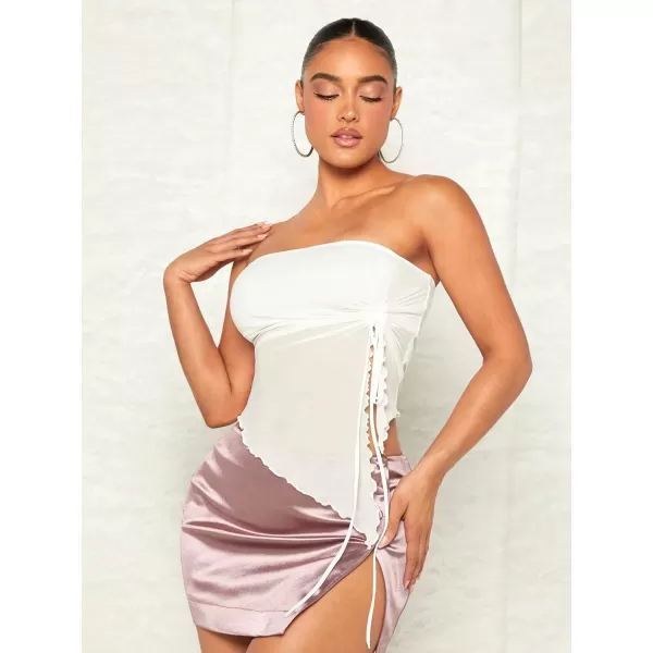 Floerns Women's Drawstring Ruched Strapless Asymmetrical Hem Mesh Tube Top