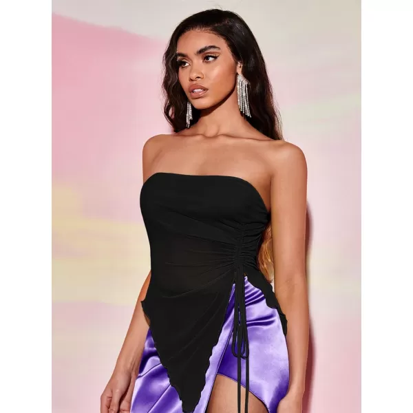 Floerns Women's Drawstring Ruched Strapless Asymmetrical Hem Mesh Tube Top