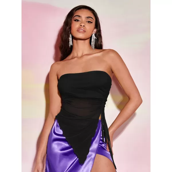 Floerns Women's Drawstring Ruched Strapless Asymmetrical Hem Mesh Tube Top