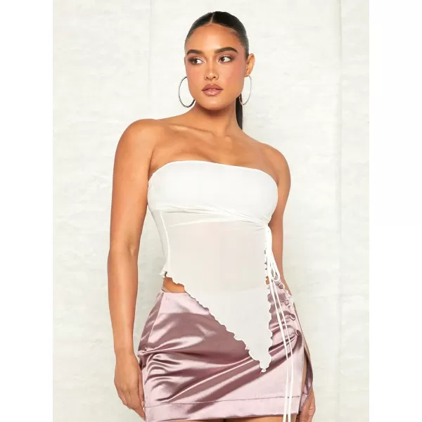 Floerns Women's Drawstring Ruched Strapless Asymmetrical Hem Mesh Tube Top
